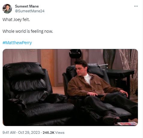 A tweet by Fan. Joey watching the empty chair where his best friend Chandler used to sit.